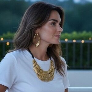 Chicos Chunky Egyptian Choker Necklace Earring Set Hammered Gold Brutalist 90s